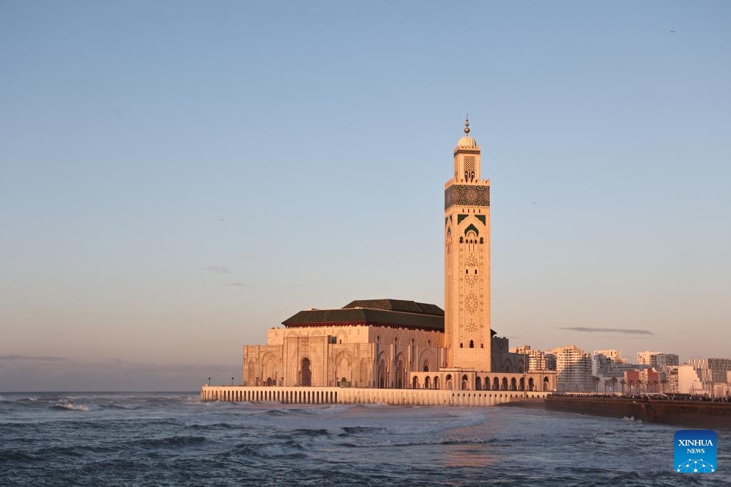 This photo taken on March 3, 2024 shows a view of the Hassan II Mosque, a tourist attraction in Casablanca, Morocco. Casablanca is the largest city in Morocco and the country's economic center and transportation hub.(Photo: Xinhua)