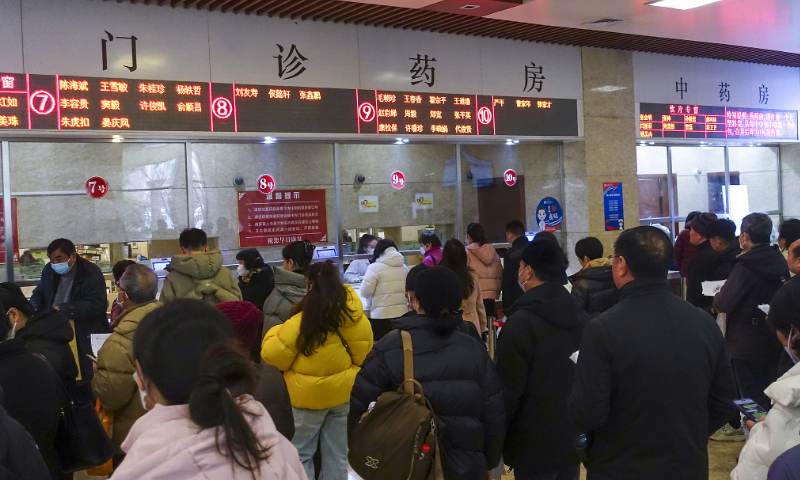 Patients are collecting their prescribed medications in a hospital lobby in Shanghai on February 27, 2024. Photo: VCG