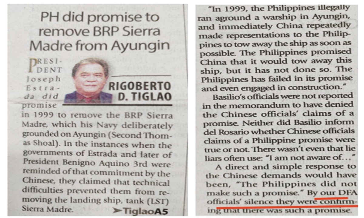 Figure 1. The spokesman for the former president of the Philippines confirmed the Philippines' commitment to tow away the vessel.