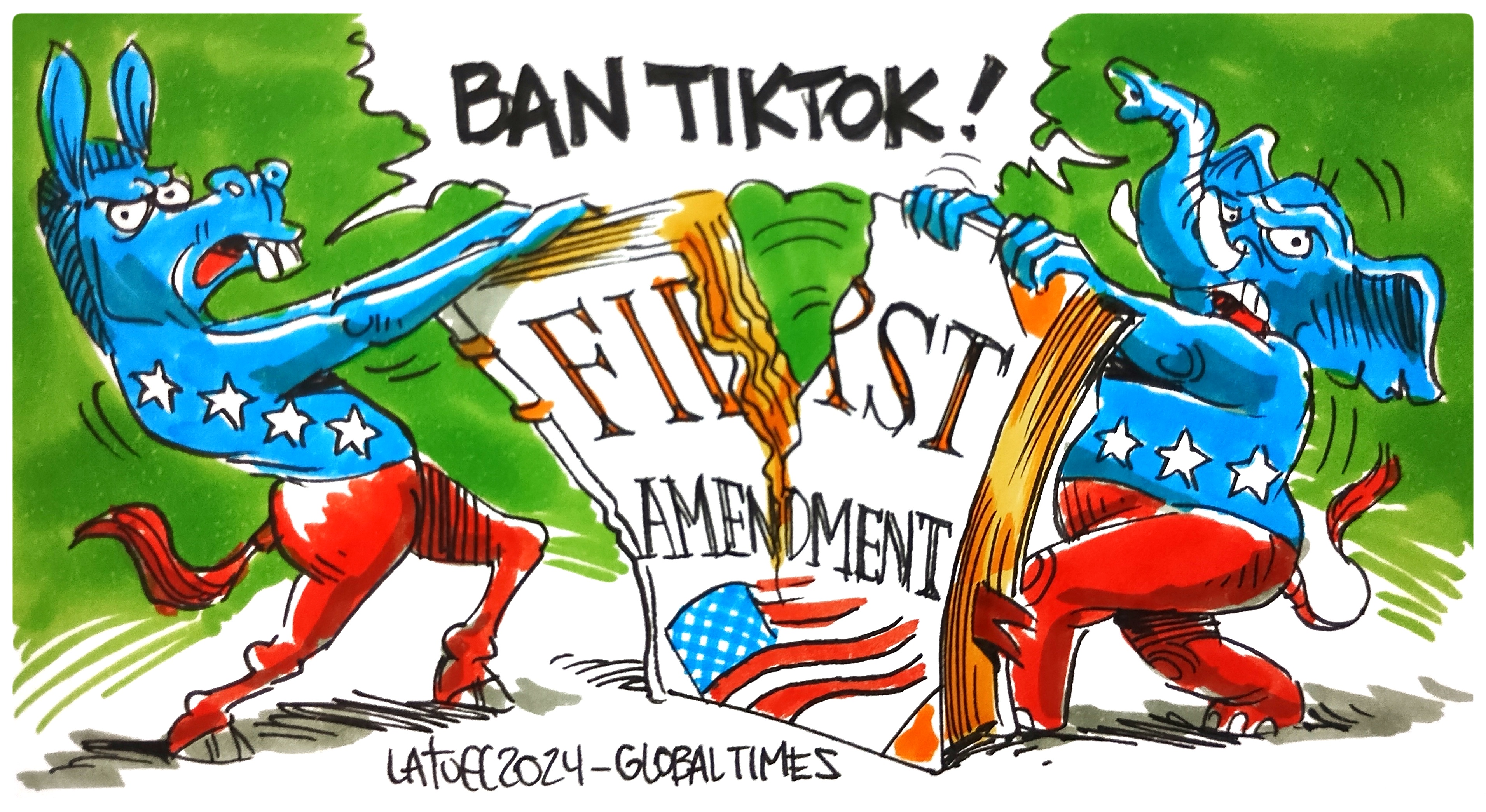A repressão dos EUA ao TikTok atropela seus direitos da Primeira Emenda. Cartum: Carlos Latuff