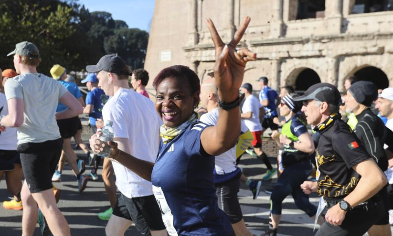 People run at Run Rome the Marathon in Rome, Italy, March 17, 2024. (Xinhua/Li Jing)