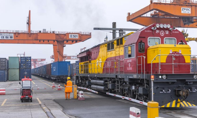 A China-Europe freight train loaded with machinery, automobiles and auto parts waits for departure at a railway station in Chongqing, southwest China, March 7, 2024. Benefiting from the increase of train trips and the launch of new freight train routes, including two direct rail routes to Spain and Türkiye, the city of Chongqing has seen increase in its export via China-Europe freight train service this year.

Currently, the China-Europe freight train service has connected Chongqing with more than 100 cities and regions in Asia and Europe. Thousands of varieties of goods, including automobiles, auto parts, furniture, as well as medical equipment, have been transported via this service. (Xinhua/Huang Wei)