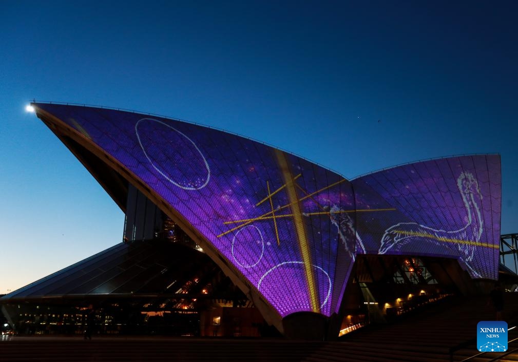 This photo taken on March 5, 2024 shows the Badu Gili: Celestial light show on the Opera House's eastern Bennelong sails in Sydney, Australia. Badu Gili means water light in the language of the traditional owners of Bennelong Point, now the location of the Sydney Opera House. The light show is open to the public daily in March.(Photo: Xinhua)