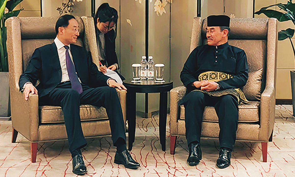 Sun Weidong (left) meets with Pehin Dato Rahmani in Beijing on March 1, 2024. 
Photo: Courtesy of China's Ministry of Foreign Affairs