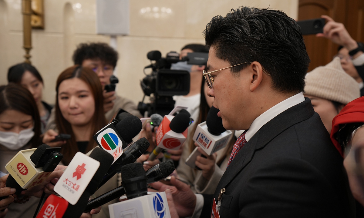 

Kenneth Fok Kai-kong, a deputy from Hong Kong to the 14th National People's Congress, talks to the media on the sidelines of the two sessions on March 6, 2024 in Beijing. He said that Guangdong, Hong Kong and Macao should promote the construction of 