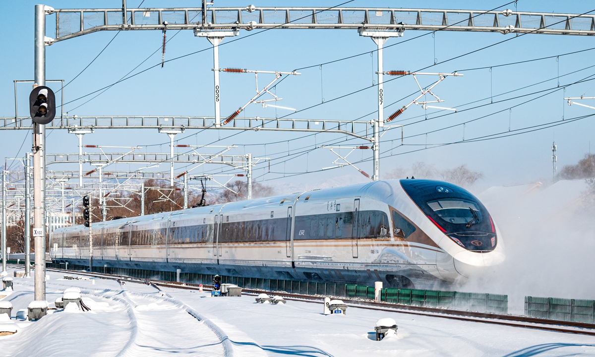 A train runs on the Beijing-Zhangjiakou high-speed railway. Photo: VCG