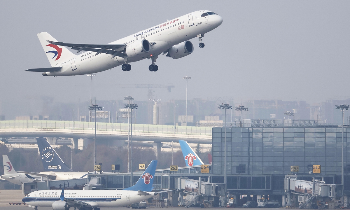 Flight MU2152, operated by China Eastern Airlines, takes off from Shanghai Hongqiao International Airport on March 8, 2024. China’s self-developed large passenger aircraft, the C919, commenced operation on a new route connecting Shanghai with the historical city of Xi’an in Northwest China’s Shaanxi Province. Photo: VCG