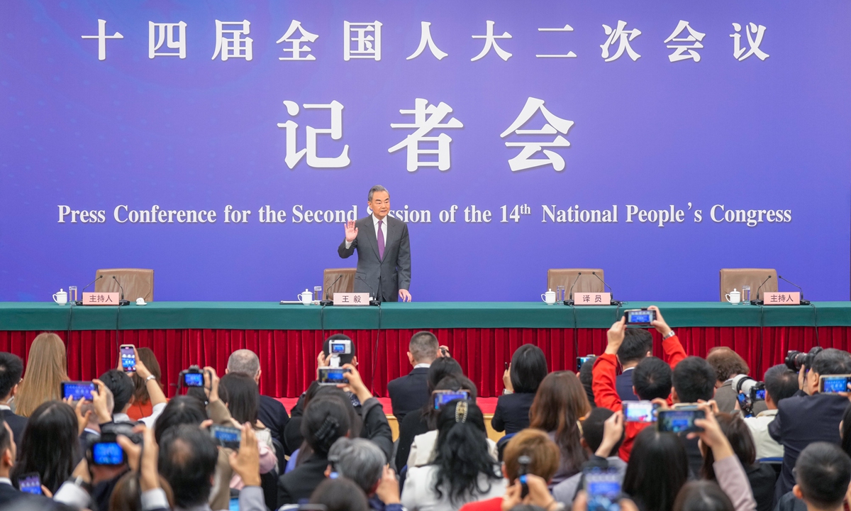Chinese Foreign Minister Wang Yi, also a member of the Political Bureau of the Communist Party of China Central Committee, attends a press conference on China's foreign policy and foreign relations on the sidelines of the second session of the 14th National People's Congress (NPC) in Beijing on March 7, 2024. Photo: VCG