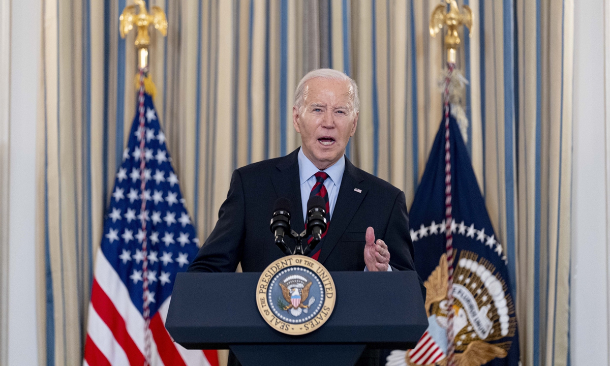 US President Joe Biden speaks during a meeting of his <strong>china steel panel roll forming machine</strong>Competition Council in the White House in Washington on March 5, 2024. Photo: VCG