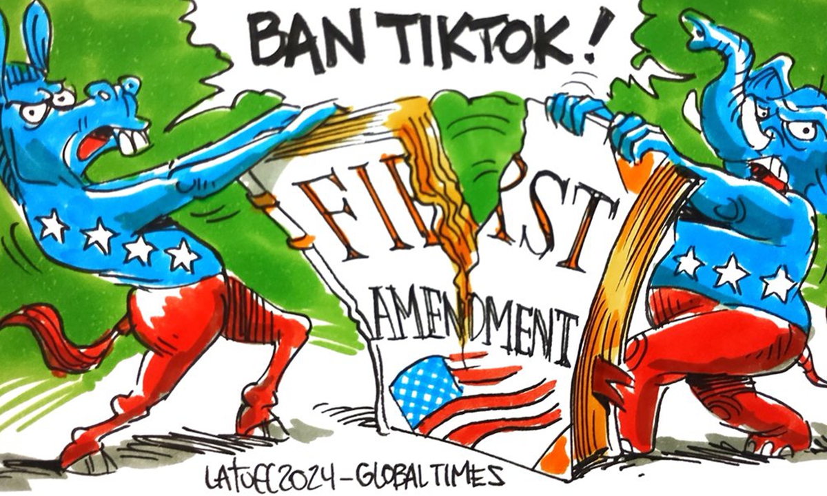 The US' crackdown on TikTok tramples upon its First Amendment rights. Cartoon: Carlos Latuff