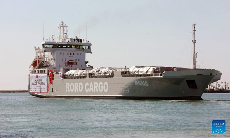 A cargo ship carrying humanitarian aid to the Gaza Strip leaves the port of southern Mersin province, Türkiye, on March 7, 2024. Türkiye sent Thursday a ship to the Gaza Strip carrying 2,737 tonnes of humanitarian aid, a collaborative effort of Turkish organizations led by the Turkish Red Crescent.(Photo: Xinhua)