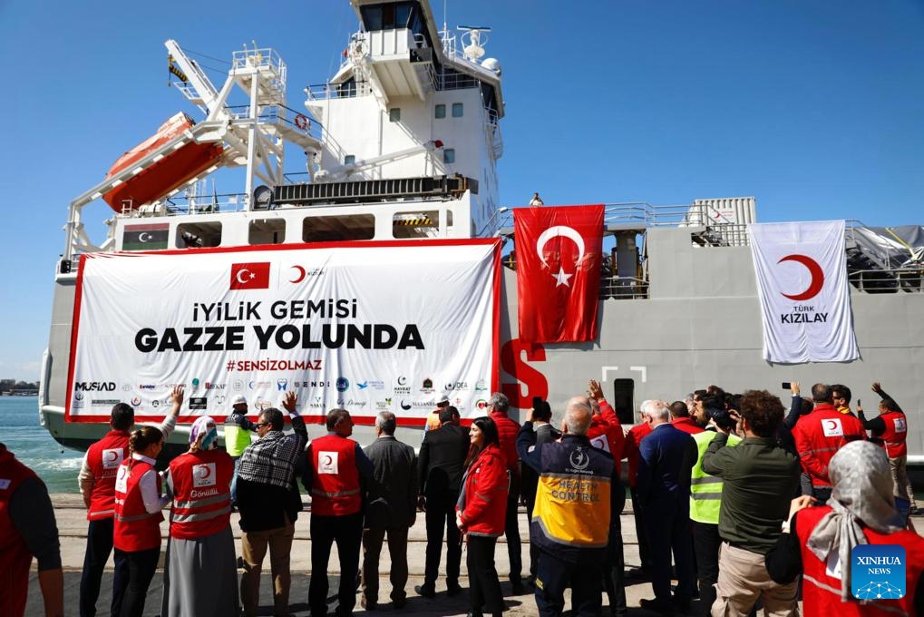 A cargo ship carrying humanitarian aid to the Gaza Strip leaves the port of southern Mersin province, Türkiye, on March 7, 2024. Türkiye sent Thursday a ship to the Gaza Strip carrying 2,737 tonnes of humanitarian aid, a collaborative effort of Turkish organizations led by the Turkish Red Crescent. (Photo: Xinhua)