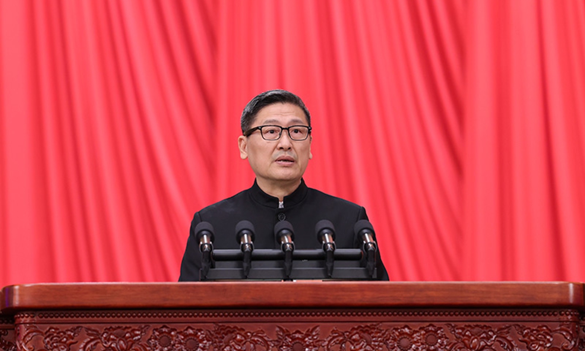Fu Zhiguan, a member of the 14th National Committee of the Chinese People's Political Consultative Conference (CPPCC), speaks on behalf of the Central Committee of the Taiwan Democratic Self-Government League at the third plenary meeting of the second session of the 14th CPPCC National Committee at the Great Hall of the People in Beijing, capital of China, March 9, 2024. (Photo/Xinhua)