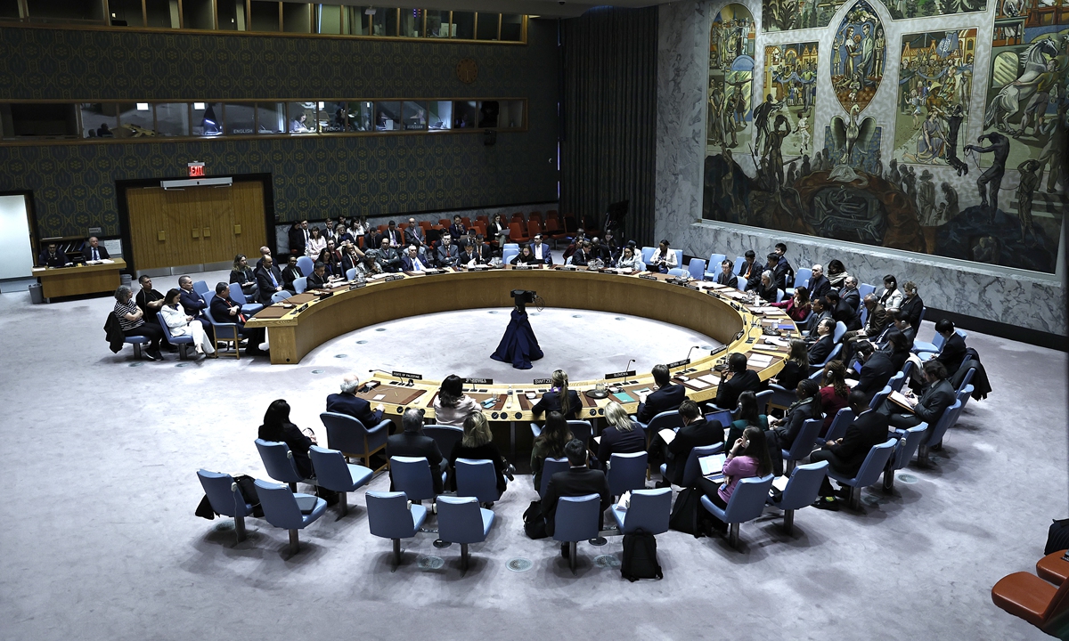 Delegates to the Security Council gather at the United Nations Headquarters on March 11, 2024 in New York City, to discuss the situation in the Middle East including steps needed for a cease-fire between Israel and Hamas. Photo: VCG
