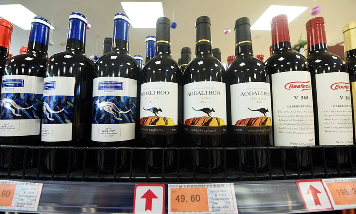 Bottles of Australian wine on the shelf of a supermarket in Hangzhou, East China's Zhejiang Province on November 27, 2020 Photo: VCG