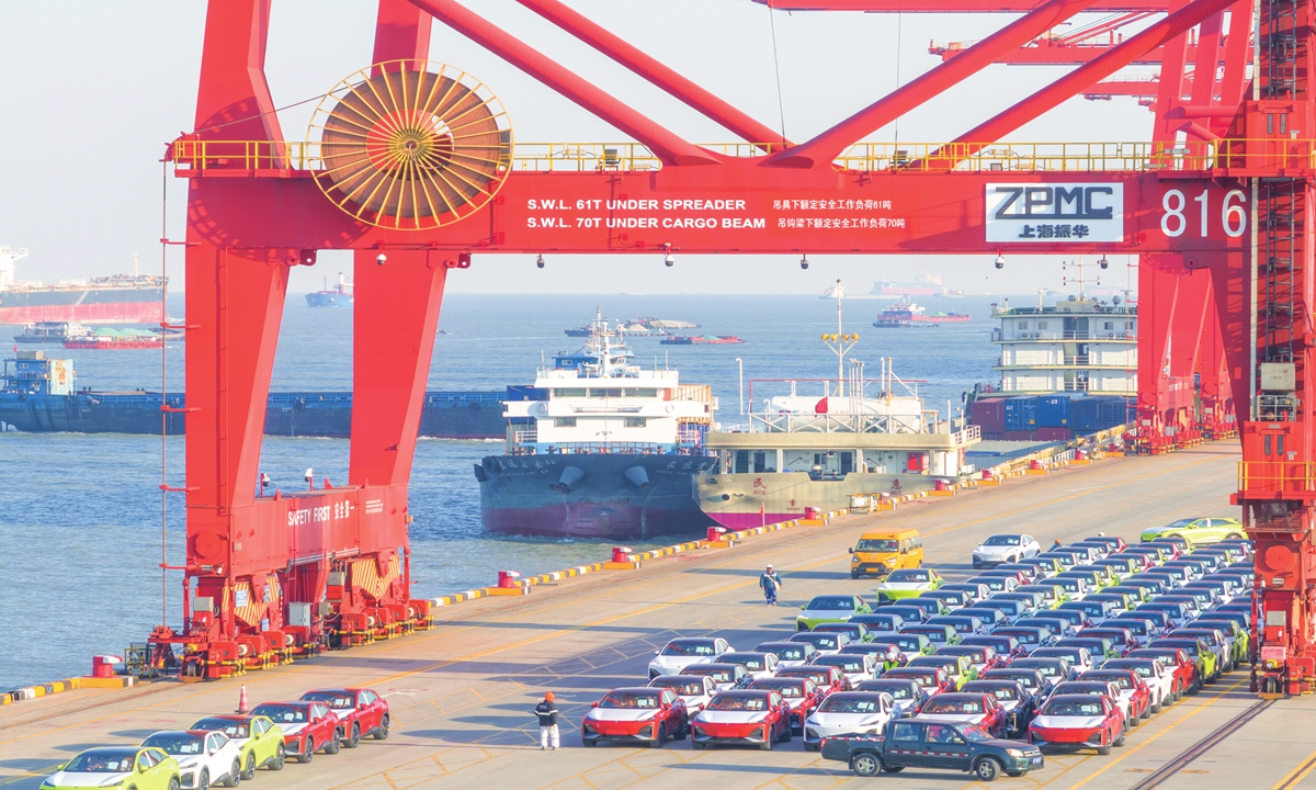 New-energy vehicles are ready to be loaded onto cargo ships in Taicang Port,East China's Jiangsu Province on January 24, 2024.Taicang Port is an important port linking BRI partner countries and the Yangtze River Economic Belt. Photo: VCG