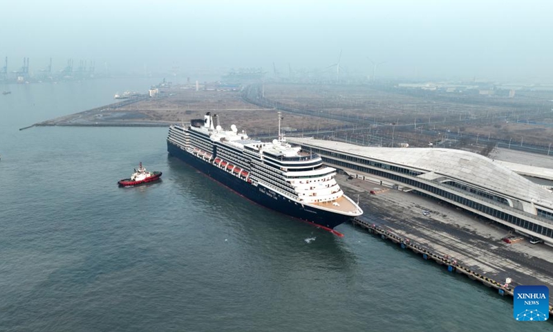 A drone photo taken on March 11, 2024 shows cruise ship Zuiderdam, operated by Holland America Line, docking at Tianjin International Cruise Home Port in north China's port city of Tianjin.(Photo: Xinhua)