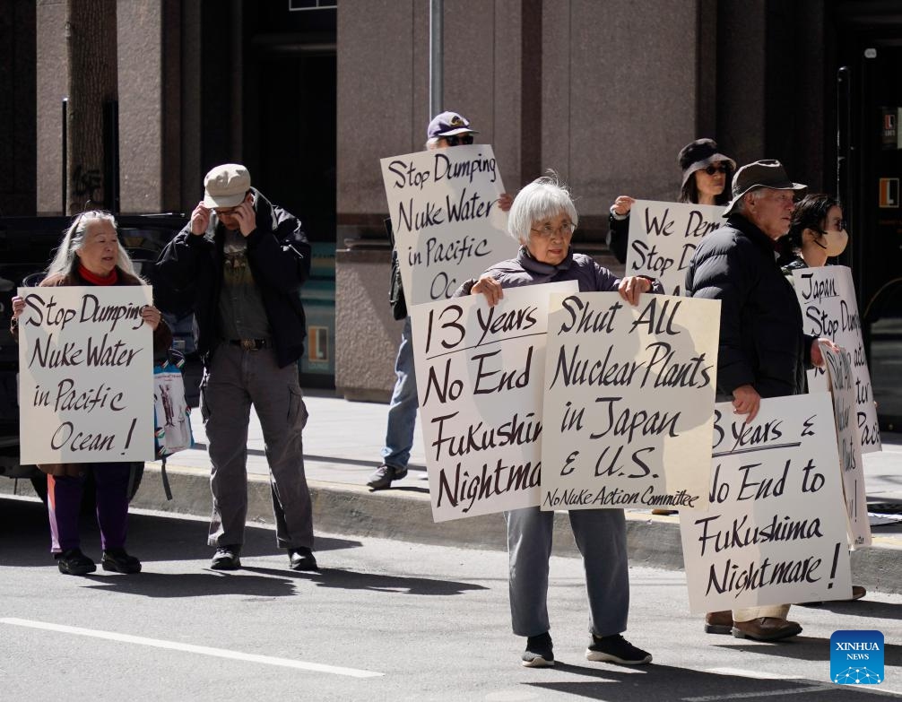 People take part in a rally against Japan's ocean discharge of Fukushima nuclear-contaminated wastewater in front of the Consulate General of Japan in San Francisco, California, the United States, March 11, 2024.(Photo: Xinhua)