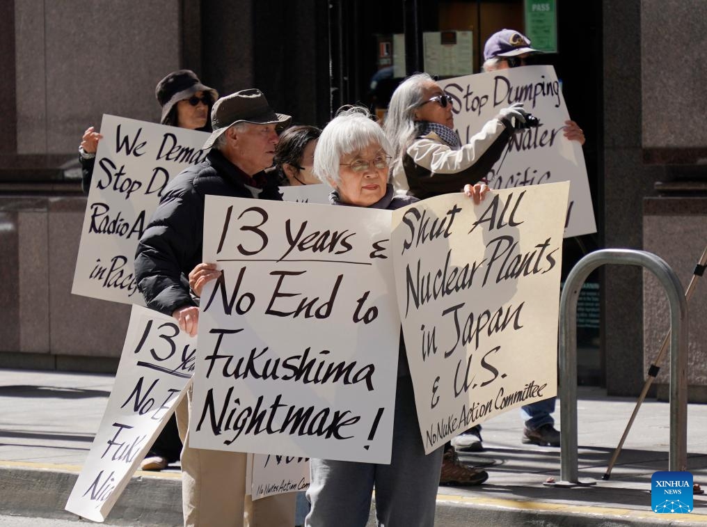 People take part in a rally against Japan's ocean discharge of Fukushima nuclear-contaminated wastewater in front of the Consulate General of Japan in San Francisco, California, the United States, March 11, 2024.(Photo: Xinhua)