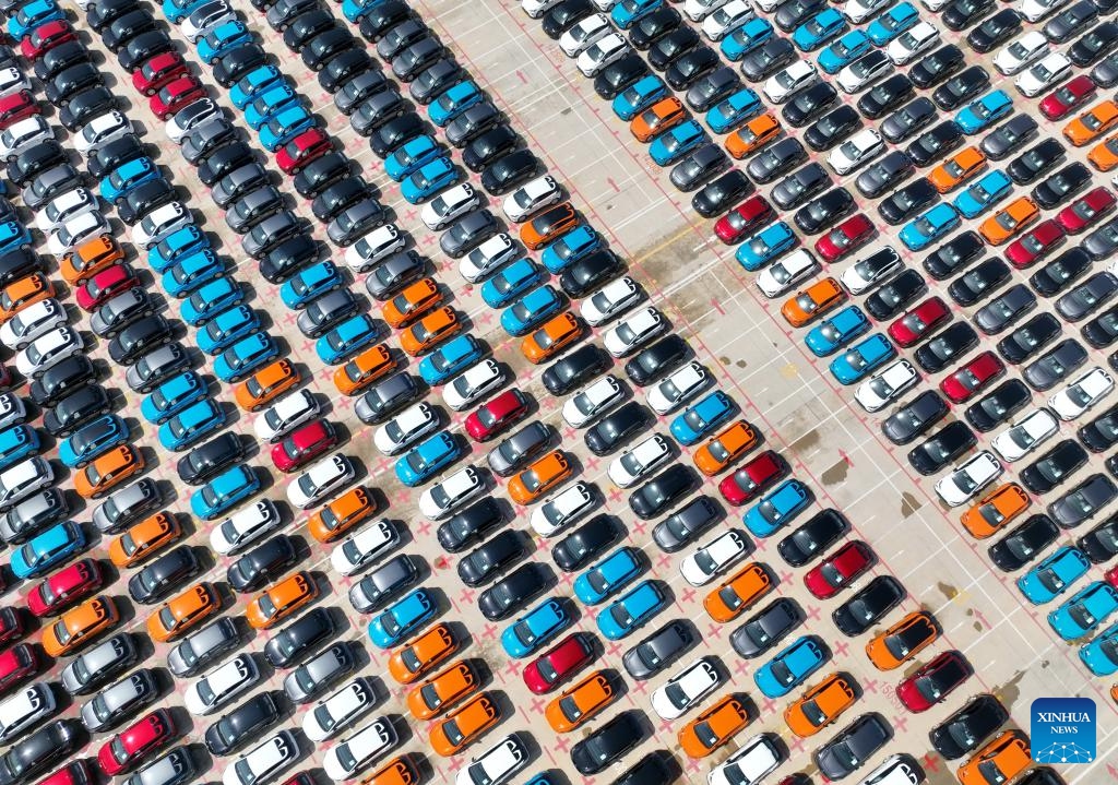 An aerial drone photo taken on March 12, 2024 shows vehicles for export parking at Jiangyin terminal of Fuzhou Port in Fuzhou, southeast China's Fujian Province.(Photo: Xinhua)