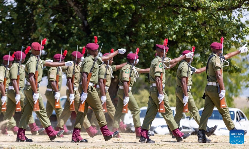 Soldiers march during the Moshoeshoe's Day commemoration in Maseru, Lesotho, March 11, 2024. The Moshoeshoe's Day is celebrated annually by Basotho on March 11 to commemorate the death of Moshoeshoe I.(Photo: Xinhua)