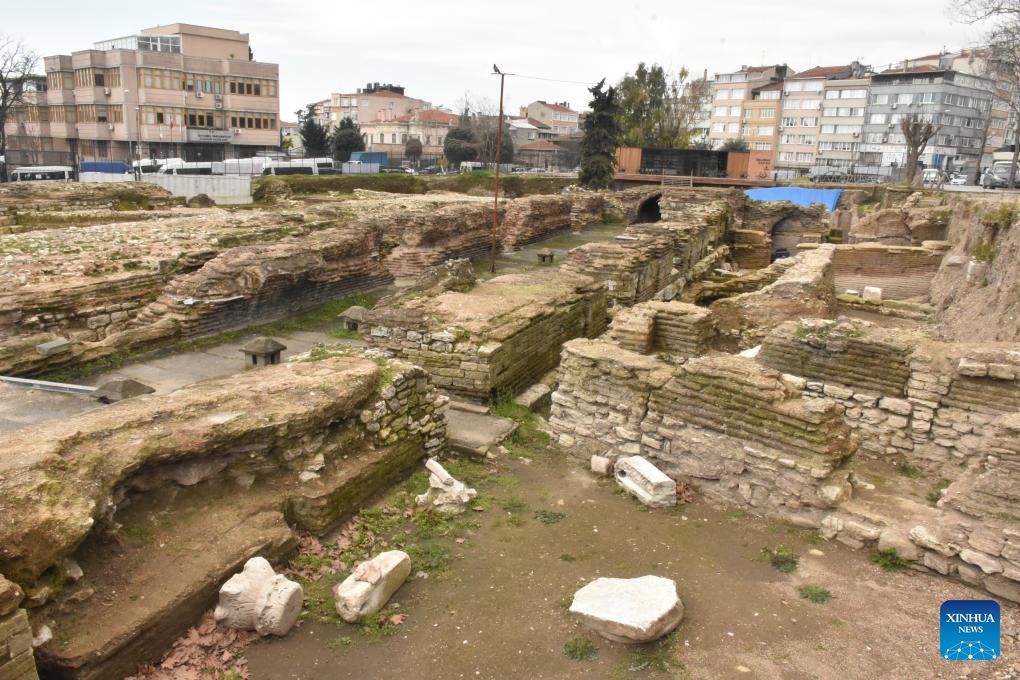 The remains of the Church of St. Polyeuctus are seen at the Sarachane Archaeological Park in Istanbul, Türkiye, on Feb. 23, 2024. In the heart of Türkiye's Istanbul, once the capital of the Byzantine Empire, the 1,500-year-old Church of St. Polyeuctus lay buried beneath urban sprawl for nearly a millennium until its accidental discovery during the construction of an underpass.(Photo: Xinhua)