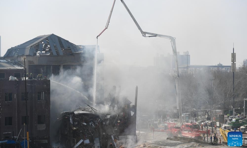 Rescuers work on the site of an explosion in Yanjiao of Sanhe City, north China's Hebei Province, March 13, 2024. Seven were killed and 27 others injured following an explosion in north China's Hebei Province on Wednesday, local authorities said Thursday. The blast, suspected to have been caused by a gas leak, occurred at 7:54 a.m. Wednesday at a shop in Yanjiao township in the city of Sanhe, according to the city's emergency management bureau.(Photo: Xinhua)