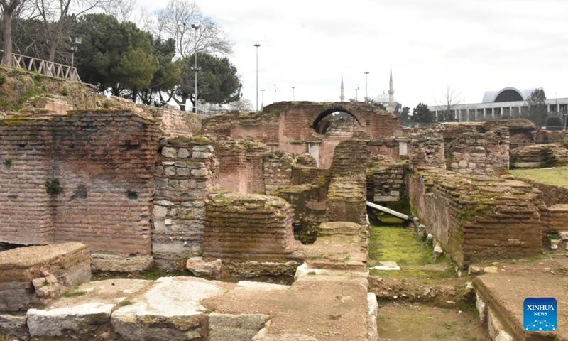 The remains of the Church of St. Polyeuctus are seen at the Sarachane Archaeological Park in Istanbul, Türkiye, on Feb. 23, 2024. In the heart of Türkiye's Istanbul, once the capital of the Byzantine Empire, the 1,500-year-old Church of St. Polyeuctus lay buried beneath urban sprawl for nearly a millennium until its accidental discovery during the construction of an underpass.(Photo: Xinhua)