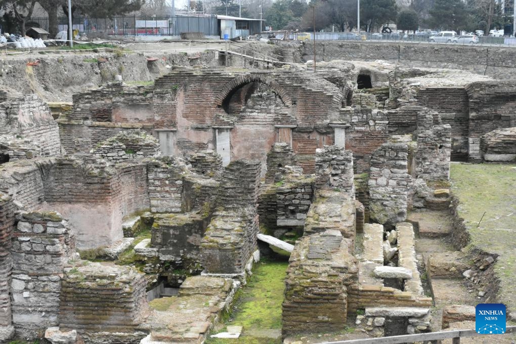The remains of the Church of St. Polyeuctus are seen at the Sarachane Archaeological Park in Istanbul, Türkiye, on Feb. 23, 2024. In the heart of Türkiye's Istanbul, once the capital of the Byzantine Empire, the 1,500-year-old Church of St. Polyeuctus lay buried beneath urban sprawl for nearly a millennium until its accidental discovery during the construction of an underpass.(Photo: Xinhua)