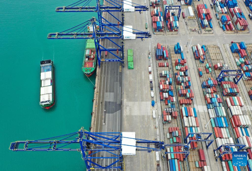 An aerial drone photo taken on March 13, 2024 shows the Yangpu international container terminal in south China's Hainan Province. Major projects in China's tropical island province of Hainan are under smooth construction.(Photo: Xinhua)