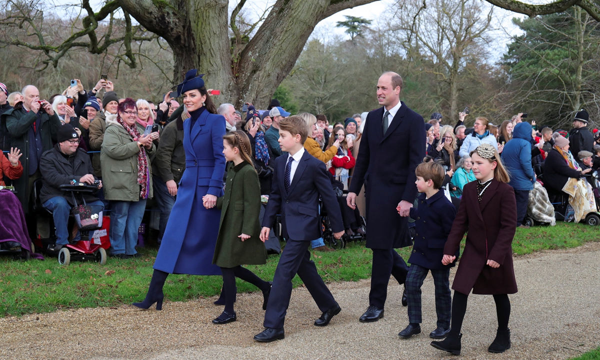 Britain's William, Prince of Wales, Catherine, Princess of Wales, Prince George, Princess Charlotte, Prince Louis and Mia Tindall arrive to attend the Royal Family's Christmas Day service at St. Mary Magdalene's church, as the Royals take residence at the Sandringham estate in eastern England, Britain December 25, 2023.(Photo: IC)