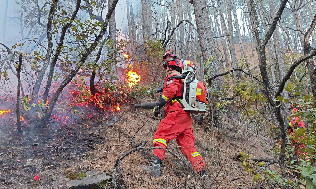 Firefighters work to extinguish a forest fire in Yajiang, Southwest China's Sichuan Province, on March 17, 2024. Photo: IC 