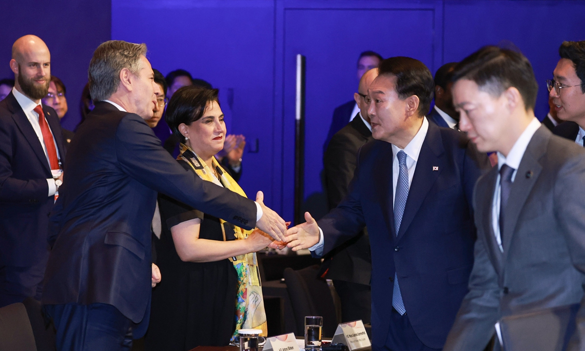 US Secretary of State Antony Blinken meets with South Korean president Yoon Suk-yeol on March 18 in Seoul. Photo: VCG