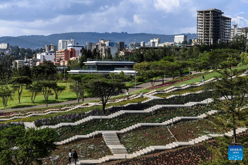This photo taken on Feb. 18, 2024 shows the scenery of the Friendship Square in Addis Ababa, Ethiopia. In Addis Ababa, the capital of Ethiopia, the Friendship Square stands as a popular destination for citizens seeking leisure, especially during holidays. Constructed with the support of Chinese enterprises, it has become a favorable spot for quality time with friends and family.(Photo: Xinhua)