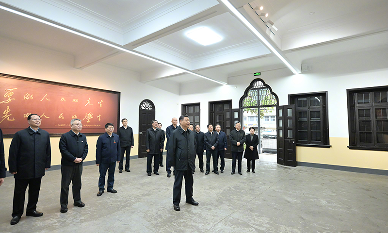 Chinese President Xi Jinping, also general secretary of the Communist Party of China Central Committee and chairman of the Central Military Commission, visits a campus of Hunan First Normal University, and learns about the university's efforts in putting resources related to the Party's heritage to great use and its adherence to fostering virtue through education, in Changsha, central China's Hunan Province, March 18, 2024. Xi inspected Changsha, capital city of central China's Hunan Province, on Monday. Photo: Xinhua