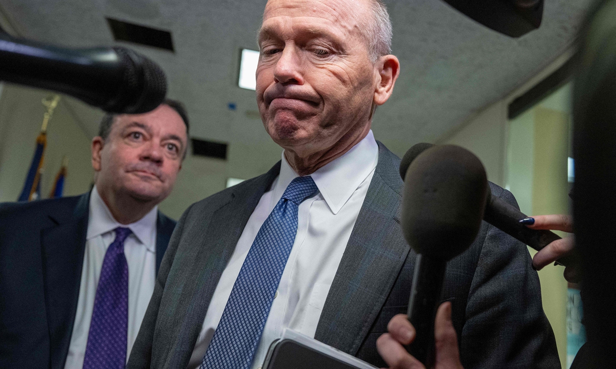Boeing CEO Dave Calhoun speaks with reporters on Capitol Hill in Washington, DC, on January 24, 2024, before meeting with a group of senators.Photo: VCG