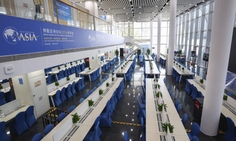 This photo taken on March 22, 2024 shows a view of the media center of Boao Forum for Asia (BFA) Annual Conference 2024 in Boao, south China's Hainan Province. The Boao Forum for Asia (BFA) Annual Conference 2024 will be held from March 26 to 29 in Boao, focusing on how the international community can work together to deal with common challenges and shoulder their responsibilities. (Xinhua/Zhang Liyun)
