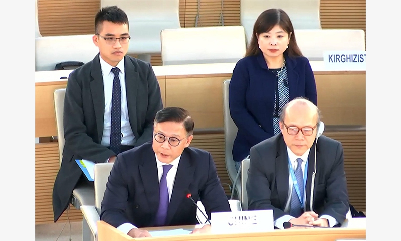 Hong Kong Deputy Secretary for Justice Cheung Kwok-kwan delivers a speech on the Article 23 legislation at the 55th regular session of the UN Human Rights Council in Geneva, Switzerland. Photo: Courtesy of the HKSAR government