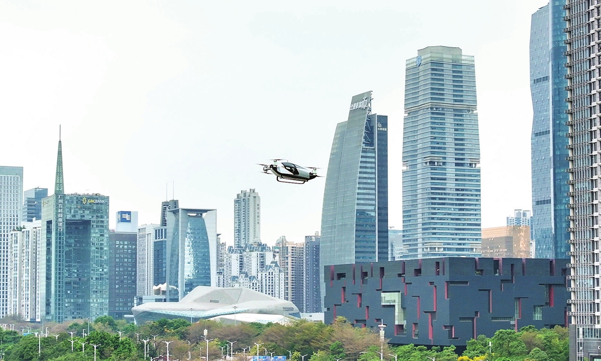 A flying drone car completes its trial flight in Guangzhou, South China's Guangdong Province, on March 8, 2024. Photo: Courtesy of XPENG AEROHT