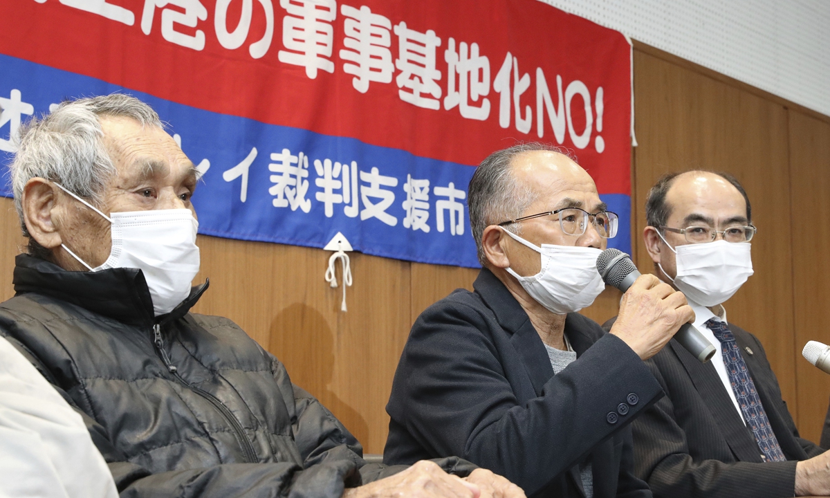 Plaintiffs speak at a report meeting after an injunction against construction work at the Japan Self-Defense Force Saga Garrison, which is currently under construction, was not approved in Saga City, Saga Prefecture, Japan on March 21, 2024. Fishermen have objected to a plan to deploy V-22 Osprey transport aircraft to Saga Airport. Photo: VCG