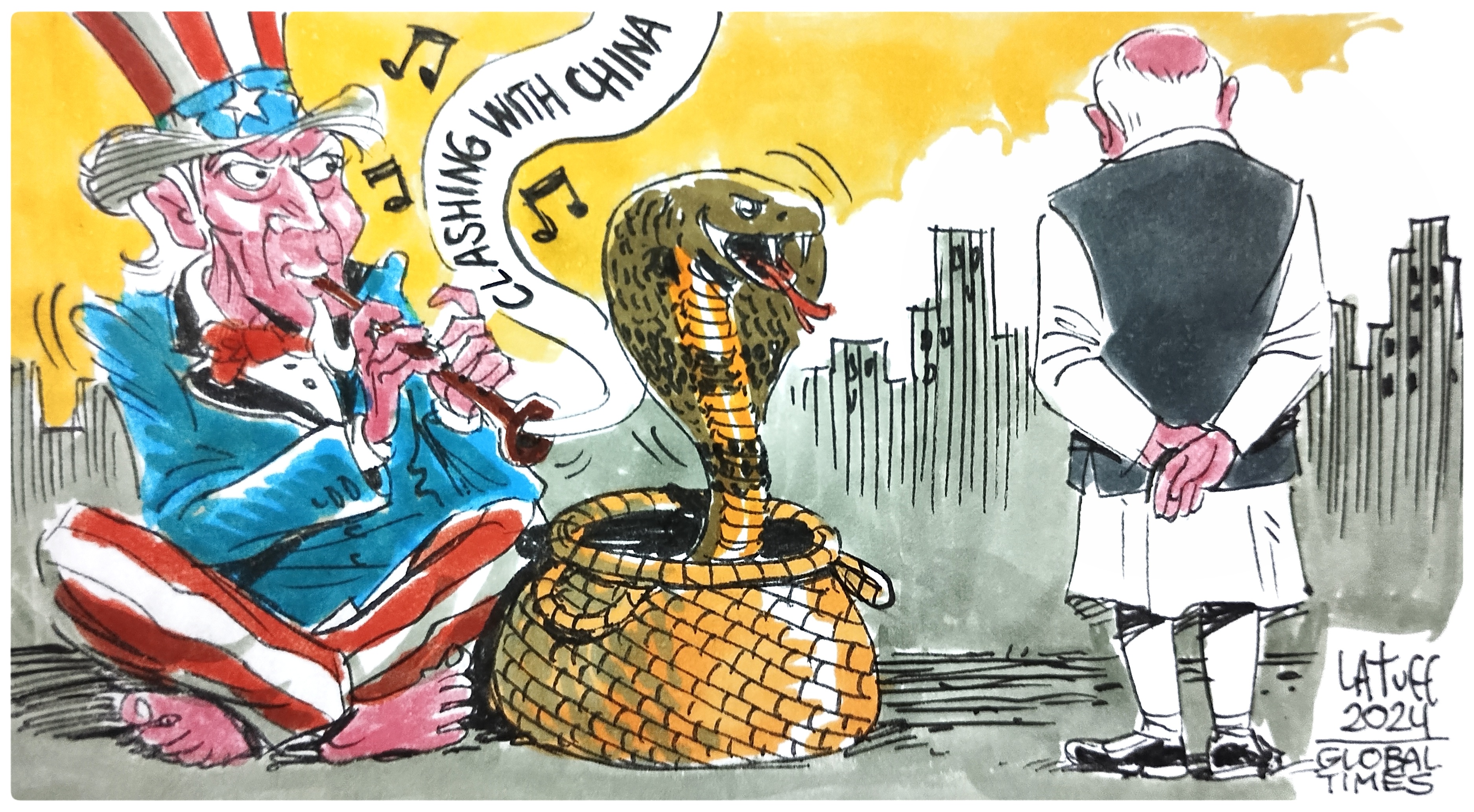 The US attempts to hypnotize India into confrontation with China.Cartoon:Carlos Latuff
