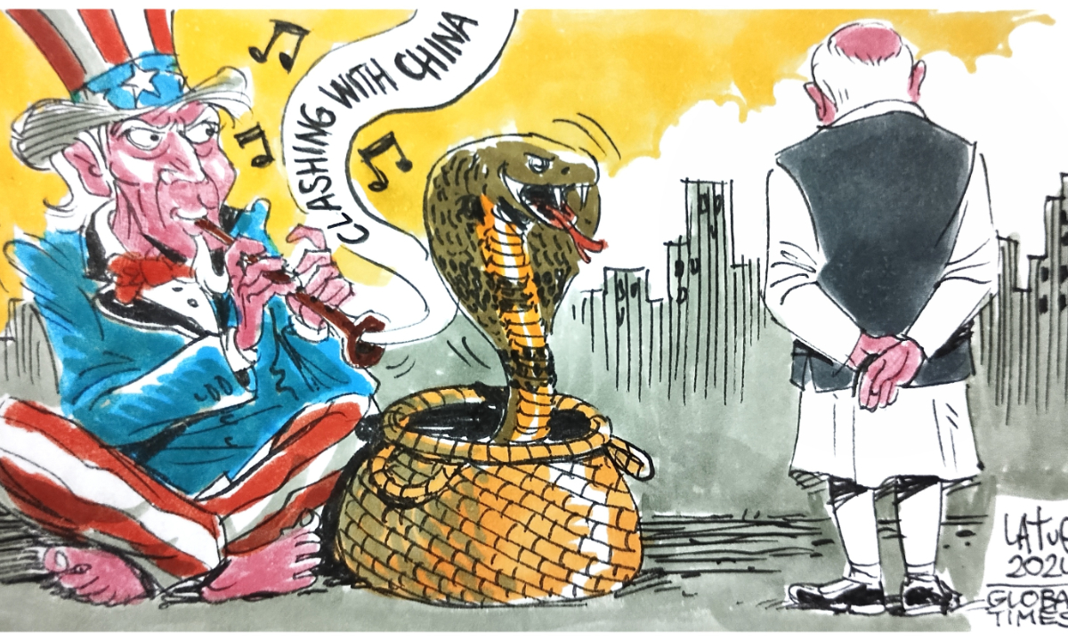 The US attempts to hypnotize India into confrontation with China.Cartoon:Carlos Latuff