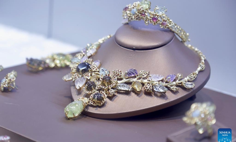 Jewelry is on display during the 15th edition of Cambodia International Gems and Jewelry Fair in Phnom Penh, Cambodia on March 21, 2024. The 15th edition of Cambodia International Gems and Jewelry Fair kicked off here on Thursday, aiming to boost trade of precious stones and jewelry, a commerce official said.(Photo: Xinhua)