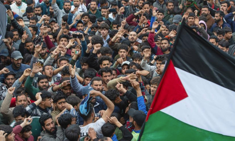 People attend a rally marking International Quds Day with protest against ongoing Israeli attacks on Gaza, in Srinagar city, the summer capital of Indian-controlled Kashmir, April 5, 2024. (Str/Xinhua)