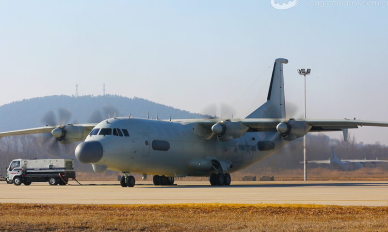 An anti-submarine patrol aircraft attached to a naval aviation unit under the PLA Northern Theater Command sits on the airfield to get ready for a round-the-clock training exercise in late March, 2024. (eng.chinamil.com.cn/Photo by Yang Jian)