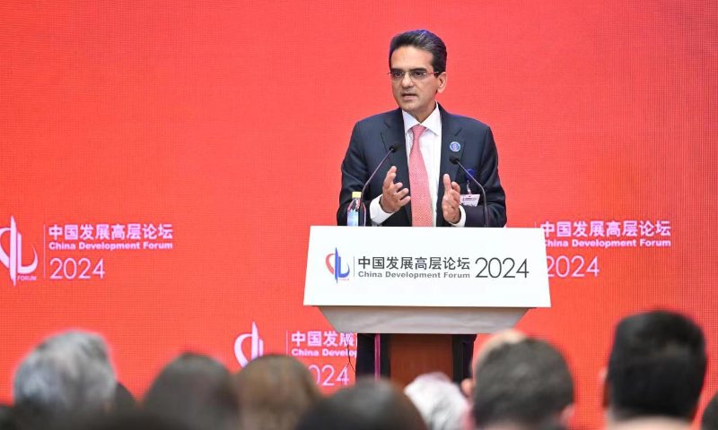 Amway‘s CEO Milind Pant speaks at the China Development Forum 2024. Photo: Courtesy of Amway