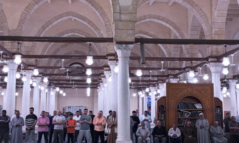 Muslims attend Laylat al-Qadr night prayers during Ramadan at Amr ibn Al-A'as Mosque in Cairo, Egypt, on April 5, 2024. (Xinhua/Ahmed Gomaa)