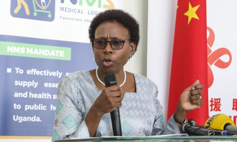 Ugandan Health Minister Jane Ruth Aceng speaks during the handover ceremony of the anti-malaria medicines donated by China, at the National Medical Stores in Kajjansi, central district of Wakiso, Uganda, on April 5, 2024. (Photo by Hajarah Nalwadda/Xinhua)