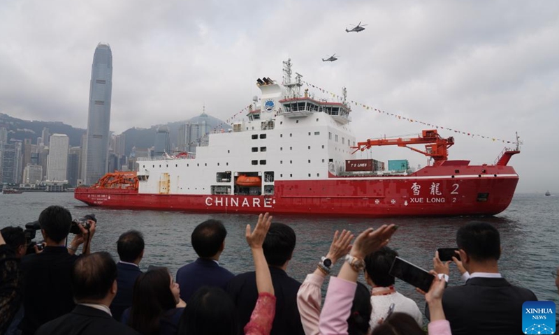 China's polar icebreaker Xuelong 2, or Snow Dragon 2, enters the Ocean Terminal in Tsim Sha Tsui, Hong Kong, south China, April 8, 2024. China's first domestically made polar icebreaker Xuelong 2, or Snow Dragon 2, arrived in Hong Kong for the very first time on Monday for a five-day visit. (Xinhua/Lui Siu Wai)