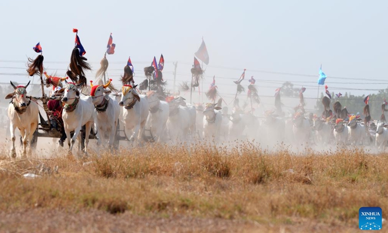 Contestants race their ox carts in Kampong Speu province, Cambodia, on April 7, 2024. At dawn on Sunday, Cambodian villagers gathered to race their ox carts across a field, reviving centuries-old tradition in the Southeast Asian nation. (Photo by Sovannara/Xinhua)